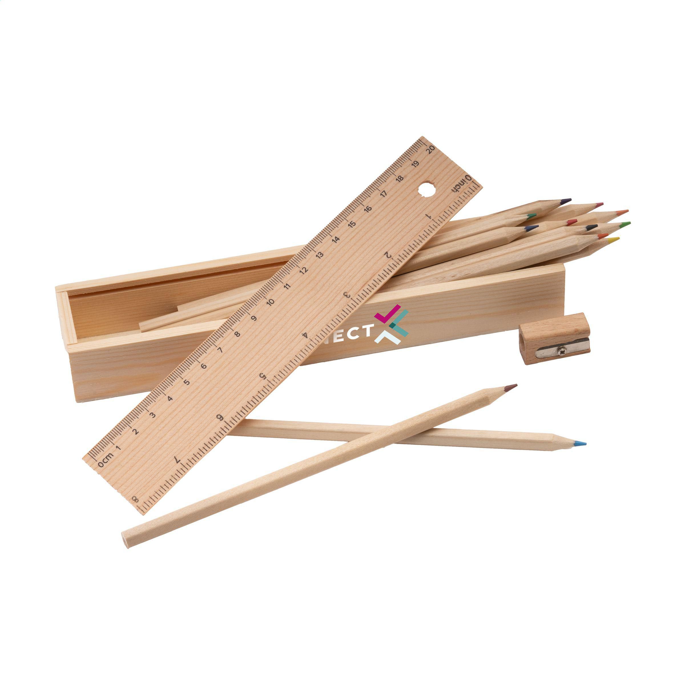 Buntstifteset LiniBox Holz mit Box, Lineal & Anspitzer als Werbeartikel