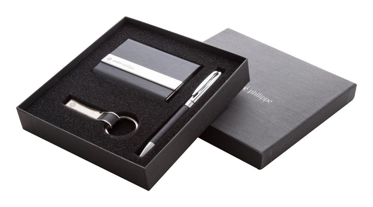 Werbeartikel-Set Nouart: Kugelschreiber, Etui & Schlüsselanhänger Metall