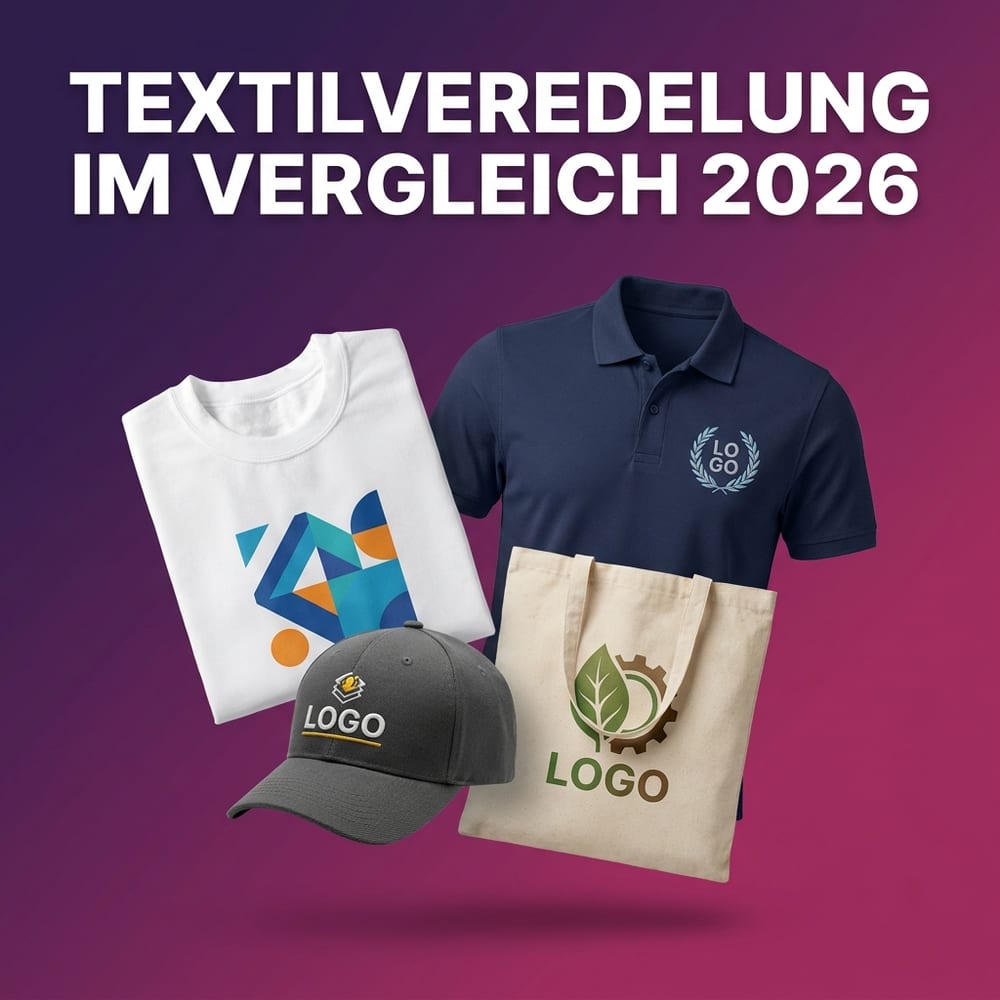 Textilveredelung im Vergleich – besticktes Polo, siebbedrucktes T-Shirt, Cap mit gestickter Logo-Front und Baumwolltasche mit Logo-Druck schwebend vor violett-magentafarbenem Verlauf