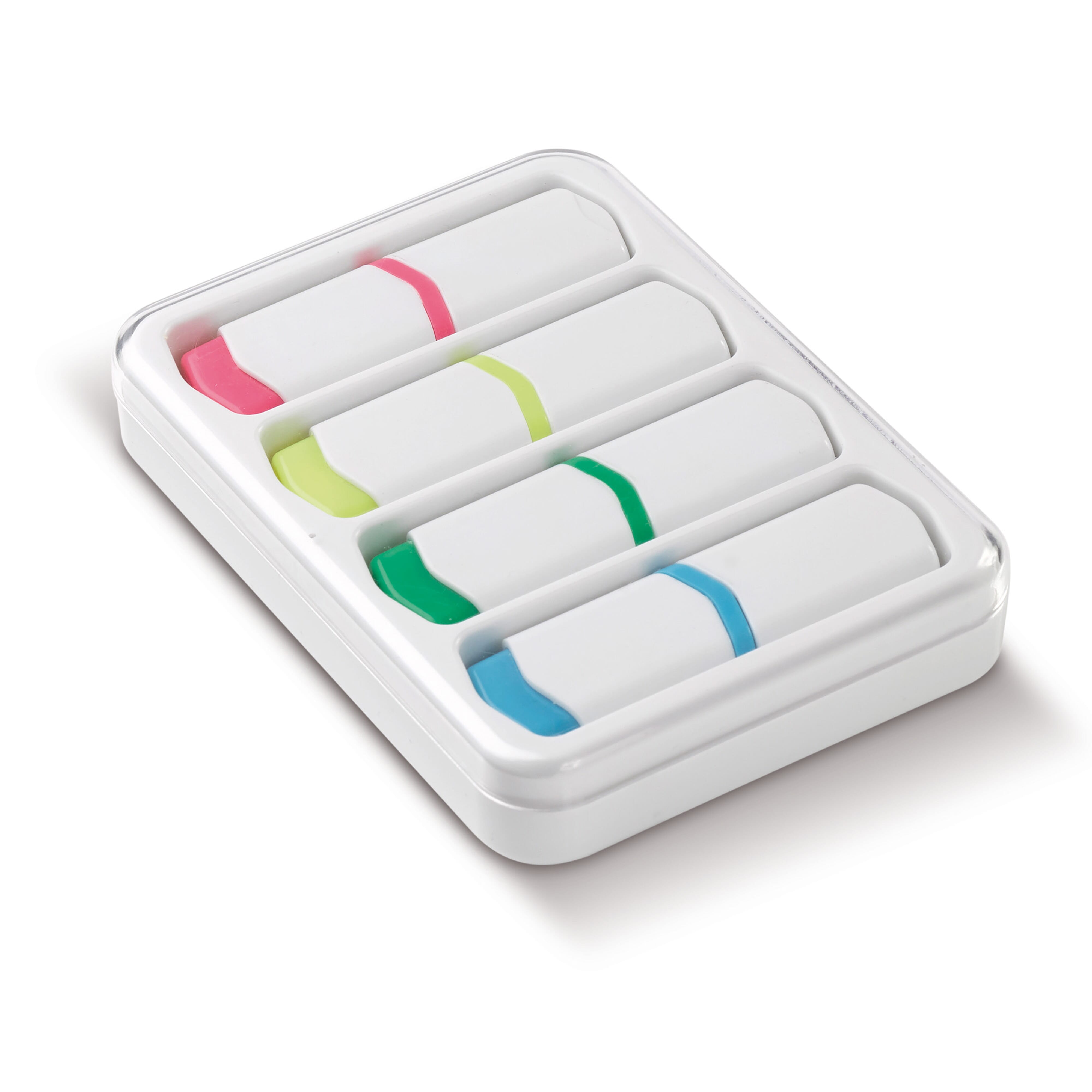 Mini-Textmarker Set 4-teilig in Kunststoffbox - Werbeartikel bedruckbar