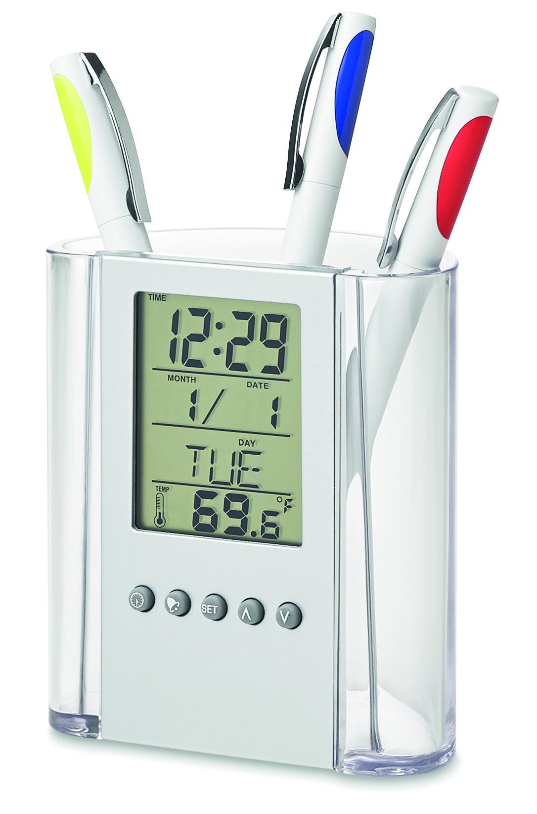 Stiftehalter PRODIGY mit Uhr & Alarm, PS – bedruckbar als Werbeartikel