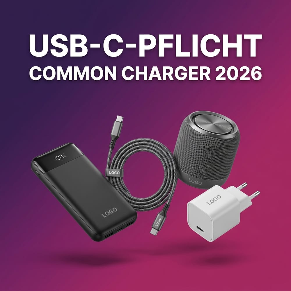 USB-C-Pflicht für Tech-Werbeartikel – schwebende USB-C-Powerbank, aufgerolltes USB-C-Ladekabel, tragbarer Bluetooth-Lautsprecher und kompaktes USB-C-Netzteil mit Logo-Druck