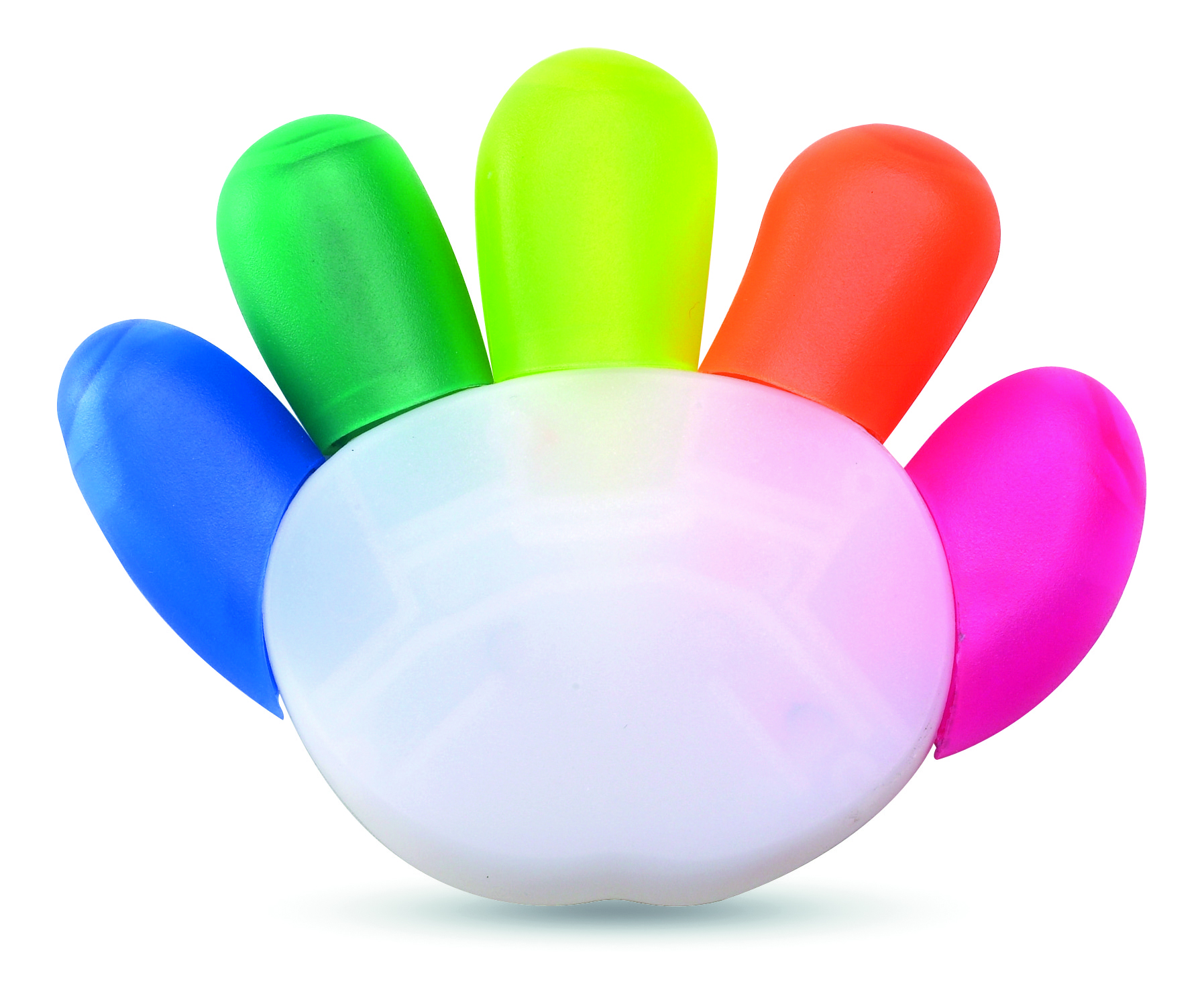 Textmarker COLORE bedruckbar – 5 Farben, Hand-Form, PP – Werbeartikel