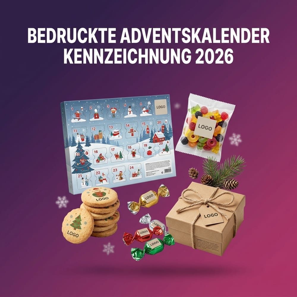 Bedruckte Adventskalender und Süßwaren als Werbeartikel – Wandadventskalender, Fruchtgummi-Tütchen, Kekse und Bonbons mit Logo-Druck und Pflichtkennzeichnung