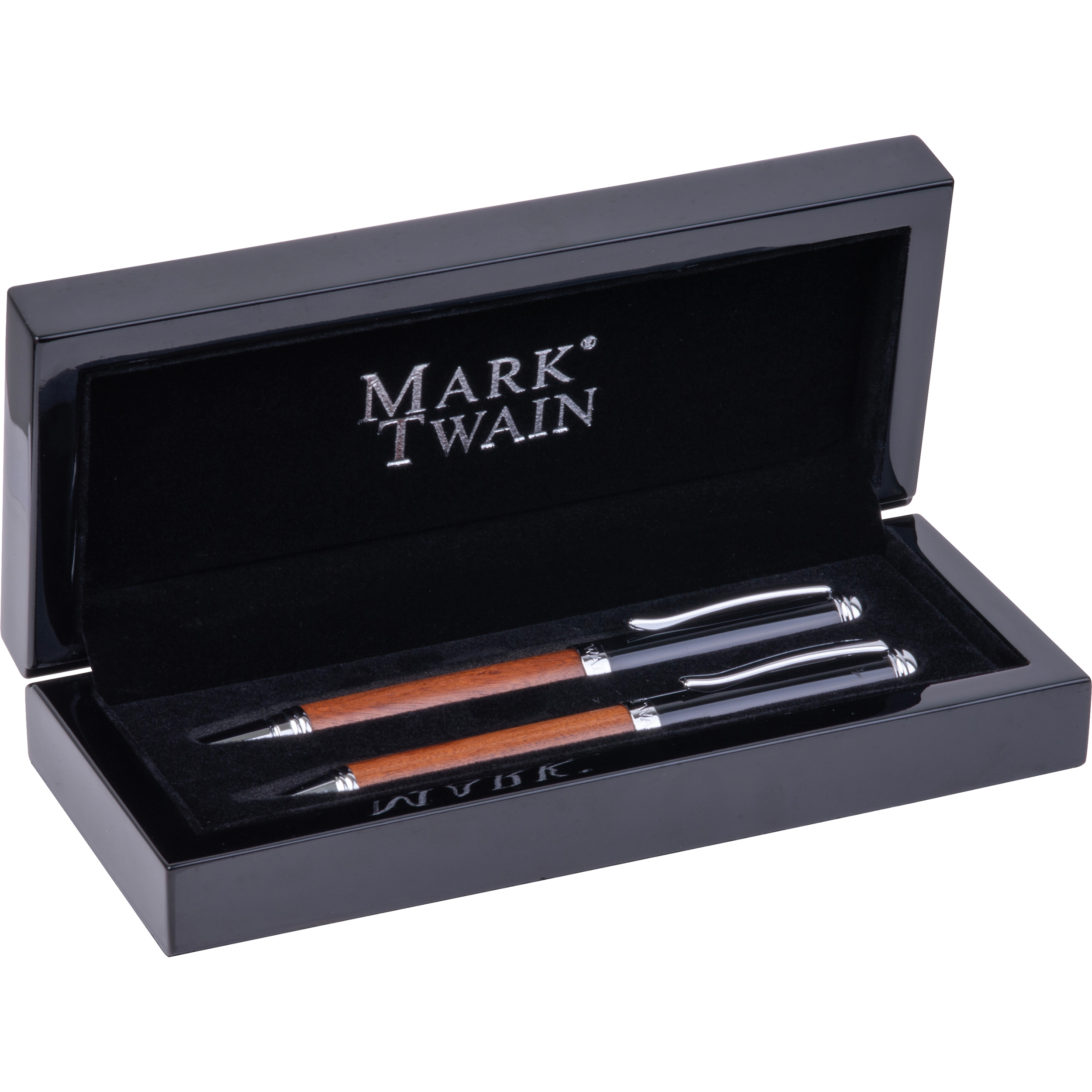 Holz Schreibset Mark Twain LORENZO – Kugelschreiber & Rollerball, gravierbar