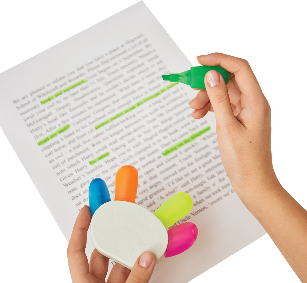 Textmarker HANDS UP mit 5 Farben – bedruckbar als Werbeartikel