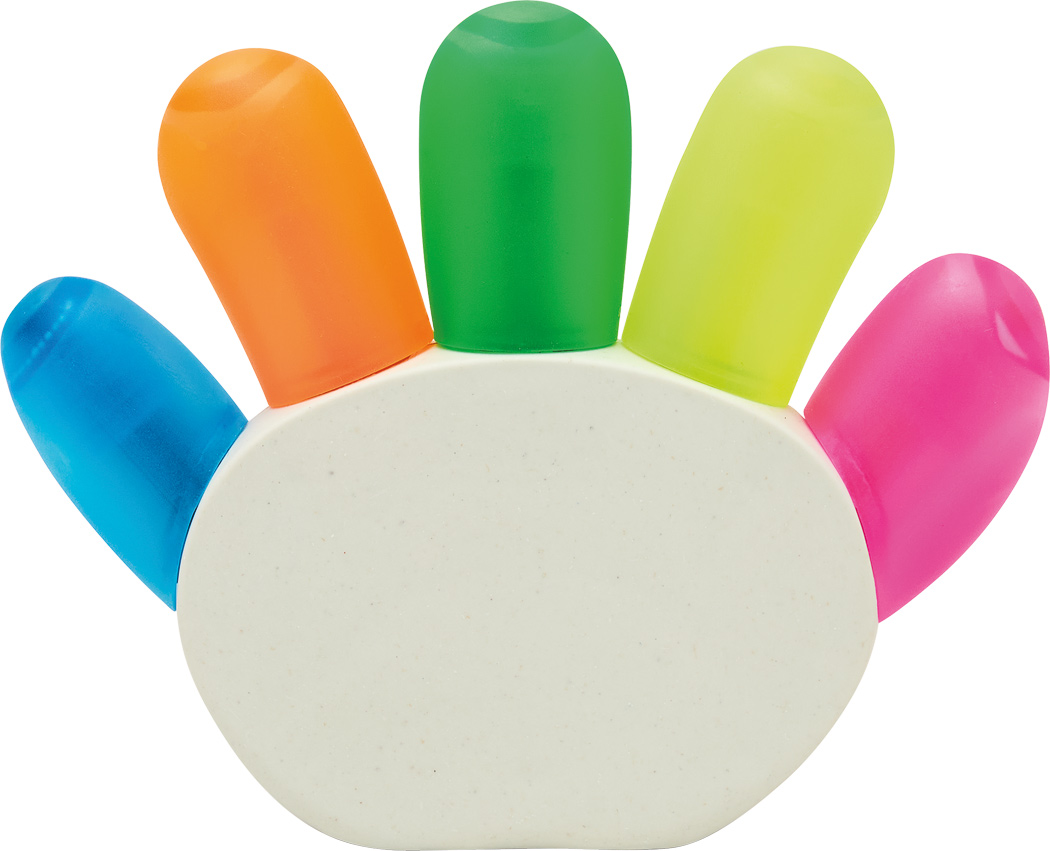 Textmarker HANDS UP mit 5 Farben – bedruckbar als Werbeartikel