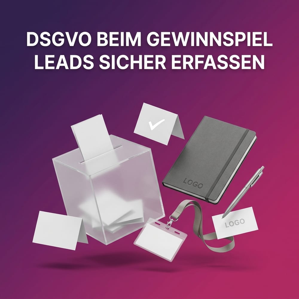 DSGVO-konformes Werbeartikel-Gewinnspiel mit Lead-Erfassung – eine Los-Box mit Teilnahmekarten, ein Notizbuch, ein Kugelschreiber und ein Lanyard mit Logo-Druck, daneben ein Häkchen-Symbol für die Einwilligung