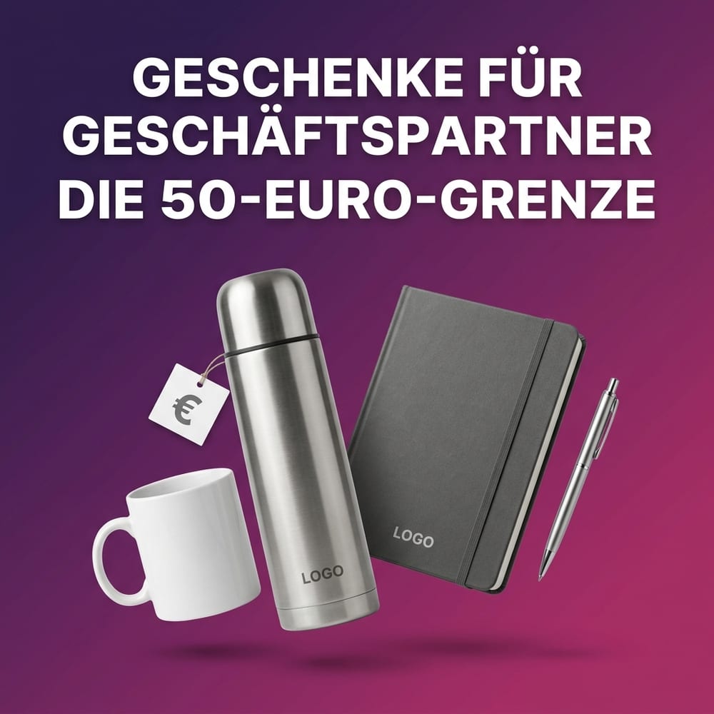 Geschäftspartner-Geschenke unter 50 Euro – Edelstahl-Thermosflasche, Porzellan-Tasse, Notizbuch und Metall-Kugelschreiber mit Logo-Druck, daneben ein Eurozeichen-Preisschild