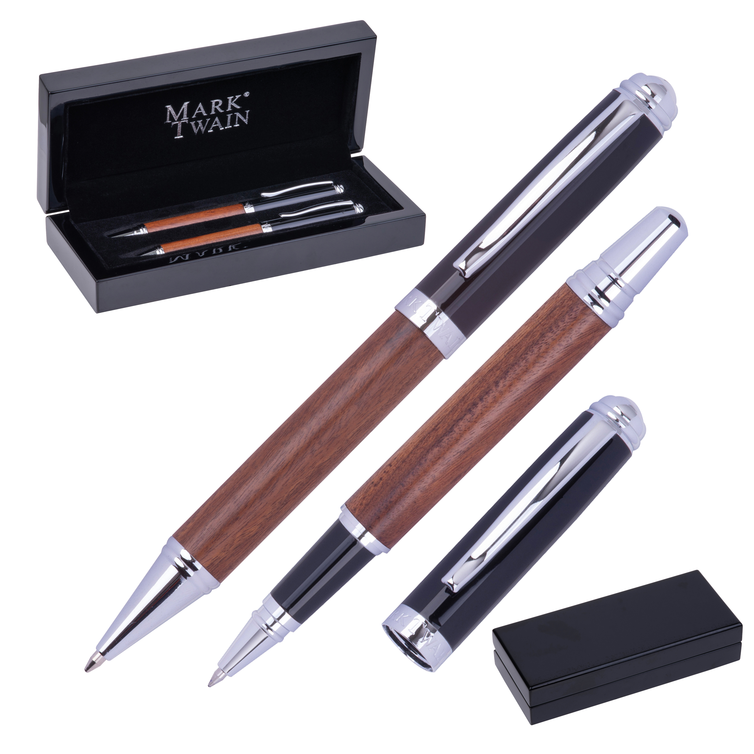Holz Schreibset Mark Twain LORENZO – Kugelschreiber & Rollerball, gravierbar