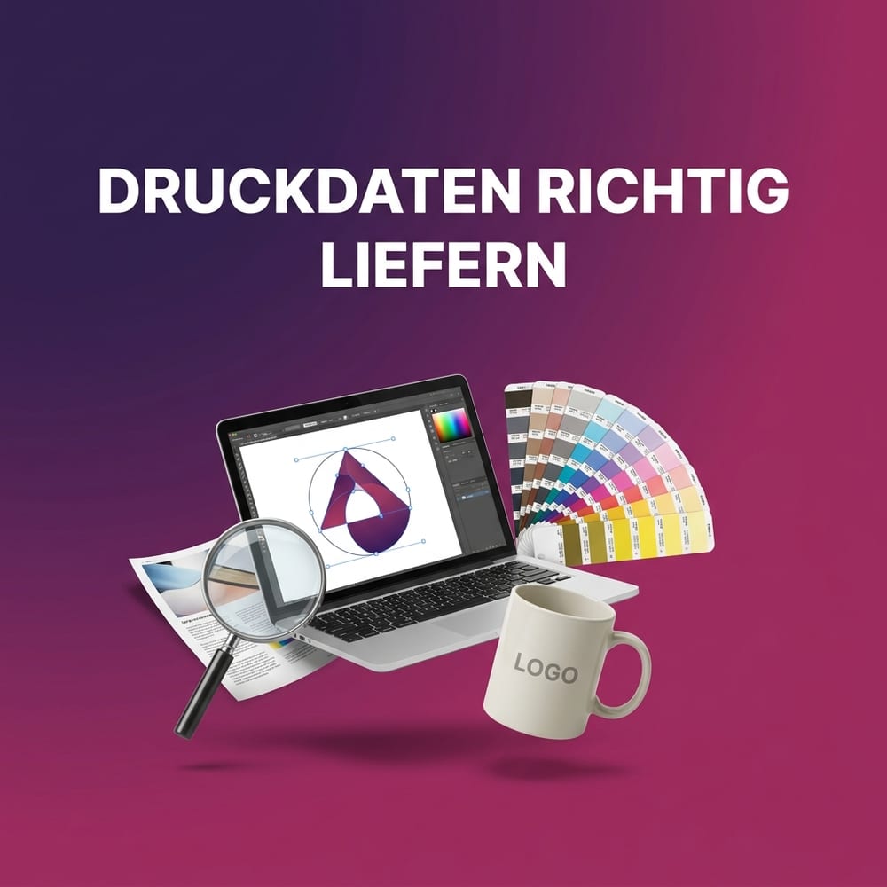 Druckdaten für Werbeartikel vorbereiten – Logo-Vektorgrafik, CMYK-Farbfächer, Lupe und bedruckte Tasse mit LOGO-Print