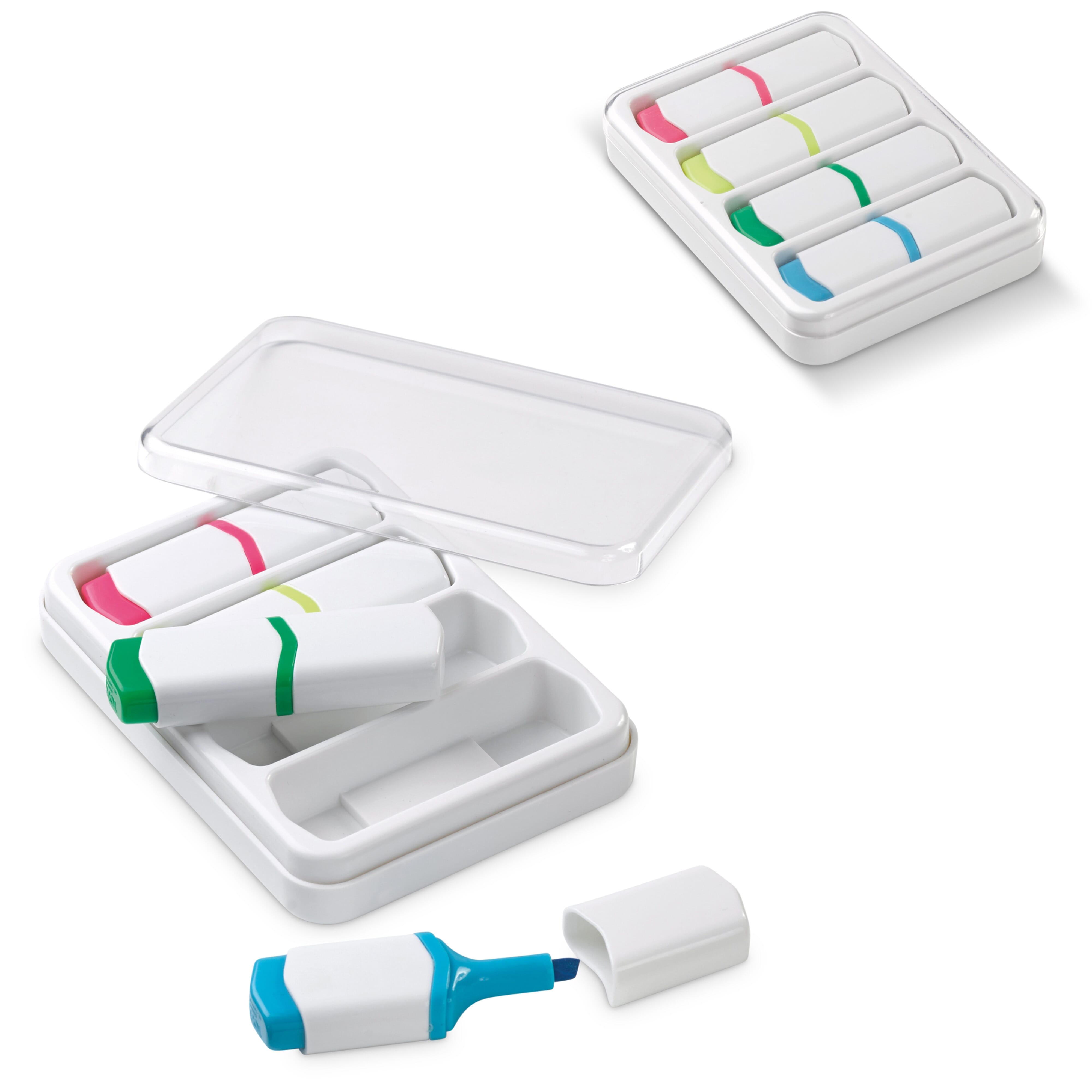 Mini-Textmarker Set 4-teilig in Kunststoffbox - Werbeartikel bedruckbar