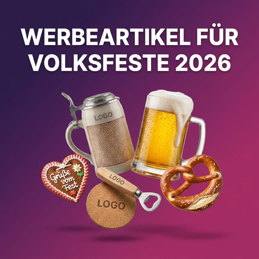 Volksfest-Werbeartikel – bedruckter Bierkrug, Bierglas, Flaschenöffner, Kork-Untersetzer, Lebkuchenherz und Brezn mit neutralem Logo-Druck, trachtig arrangiert