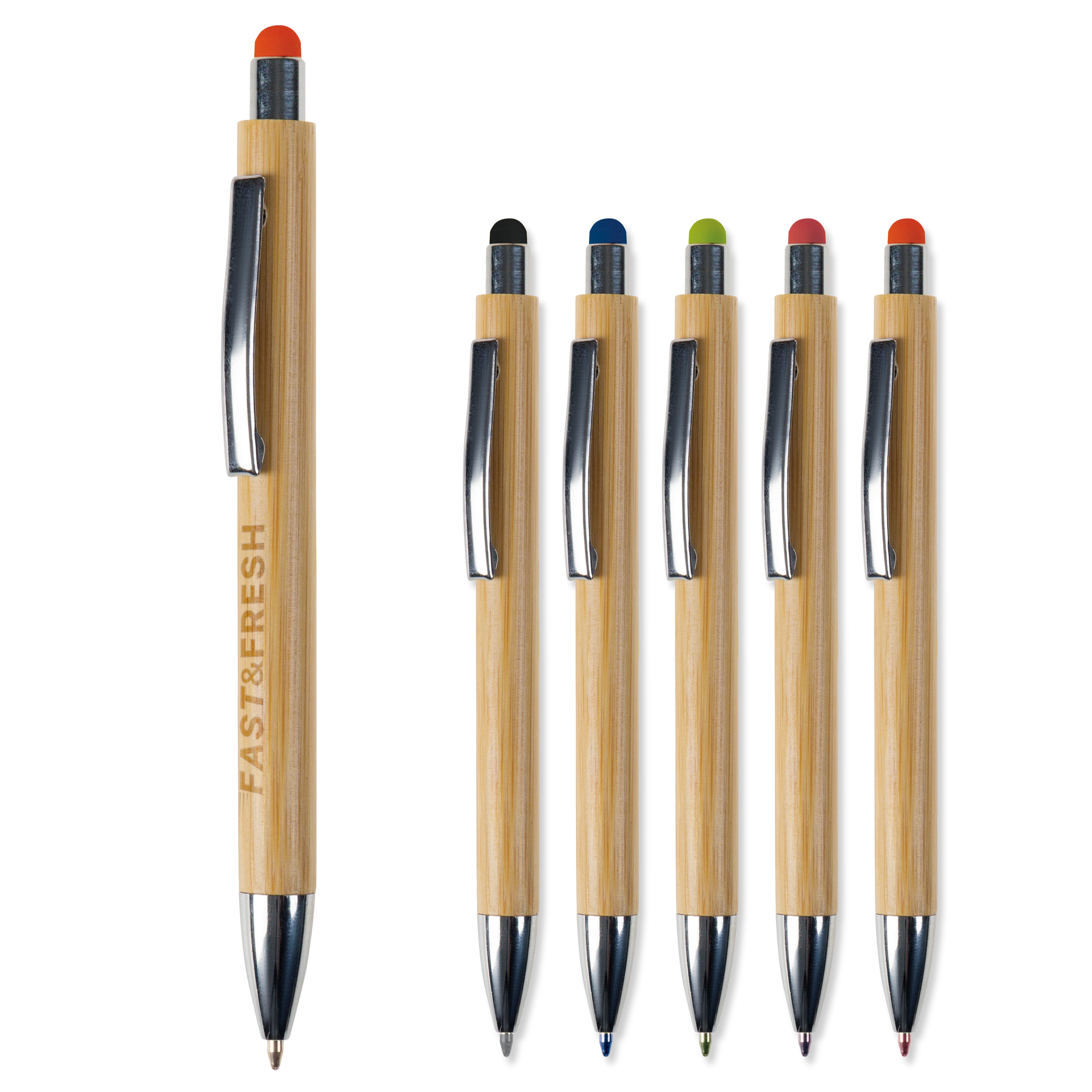 Bambus Kugelschreiber New York mit Touchpen & Metallclip, bedruckbar