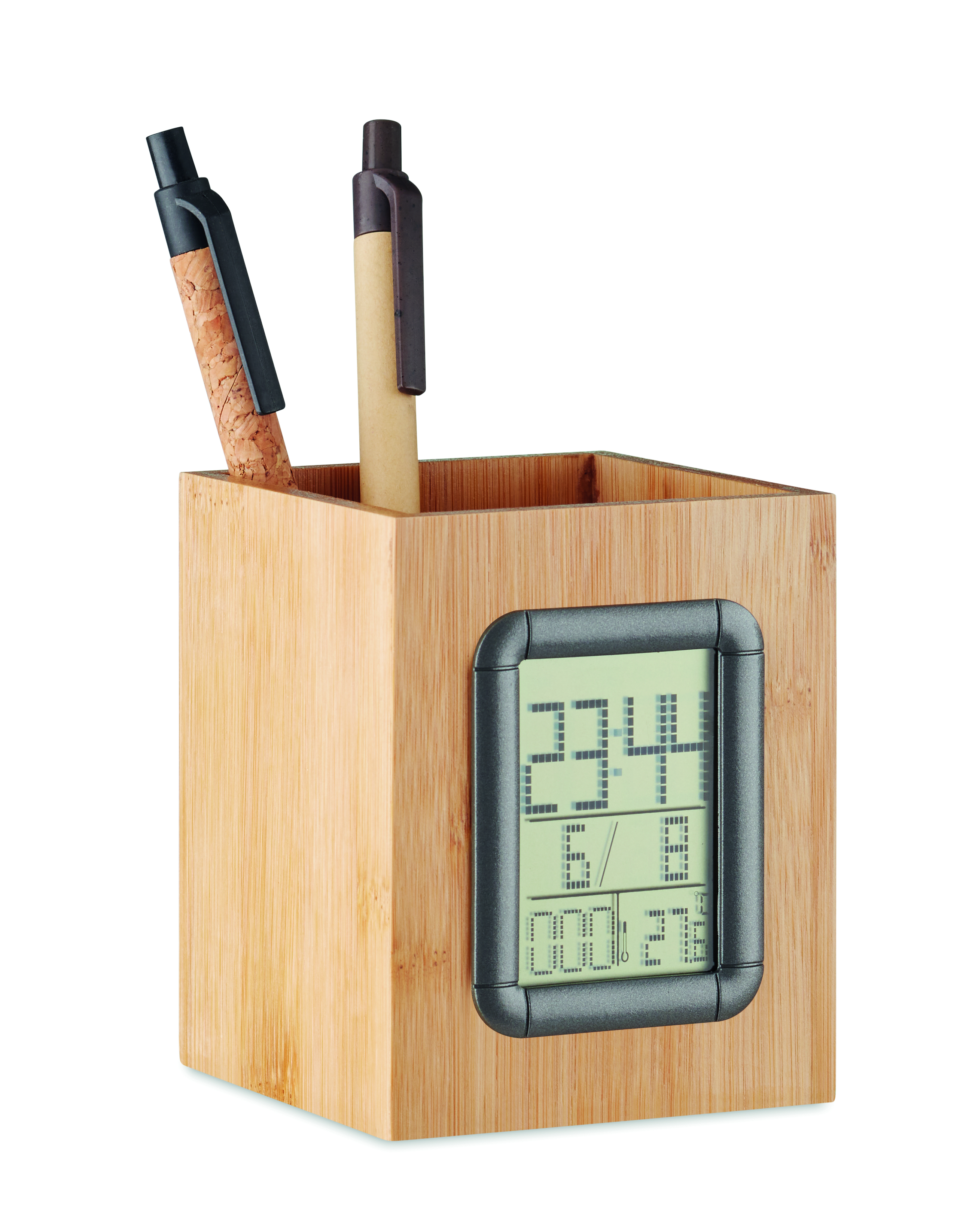 Stiftehalter Bambus MANILA mit Uhr & Alarm – bedruckbar als Werbeartikel