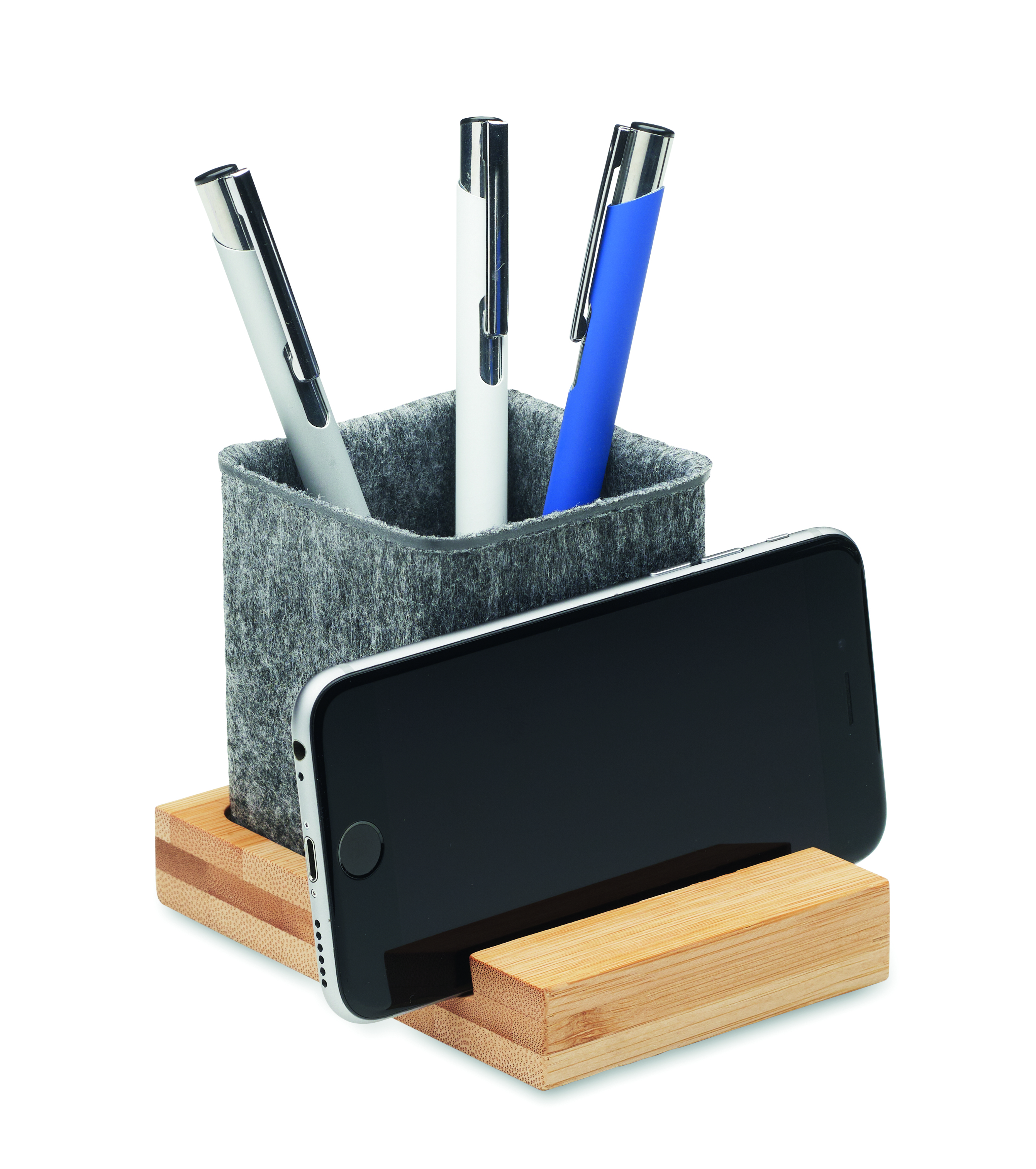 Stiftehalter OROSTAN aus RPET-Filz mit Bambus Smartphone-Halter