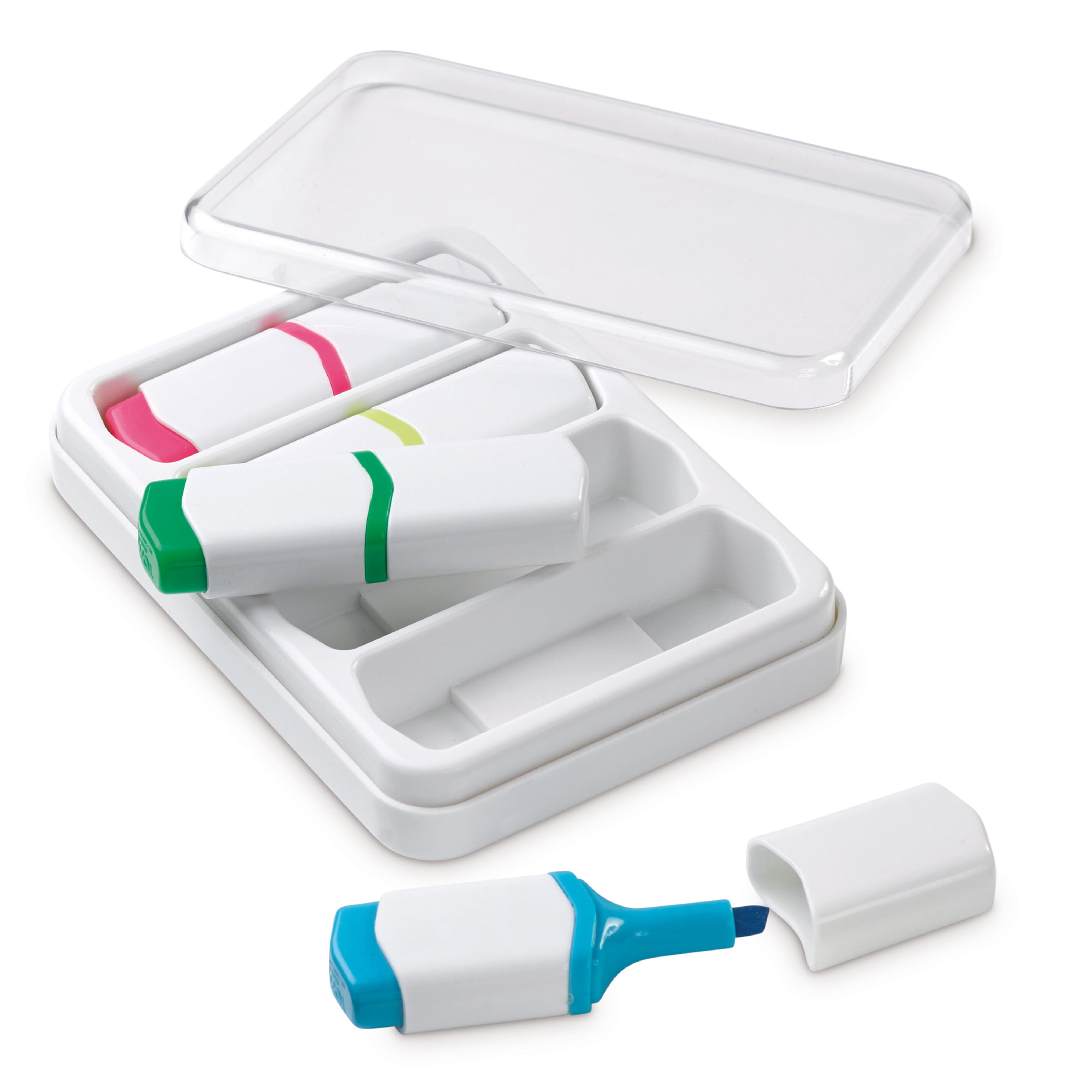 Mini-Textmarker Set 4-teilig in Kunststoffbox - Werbeartikel bedruckbar