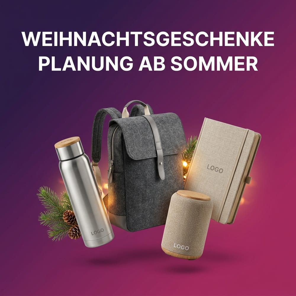 Weihnachtsgeschenke für Kunden und Mitarbeiter – Edelstahl-Thermosflasche, Recycling-Filz-Rucksack, Notizbuch und Bluetooth-Lautsprecher mit Logo-Druck, festlich arrangiert