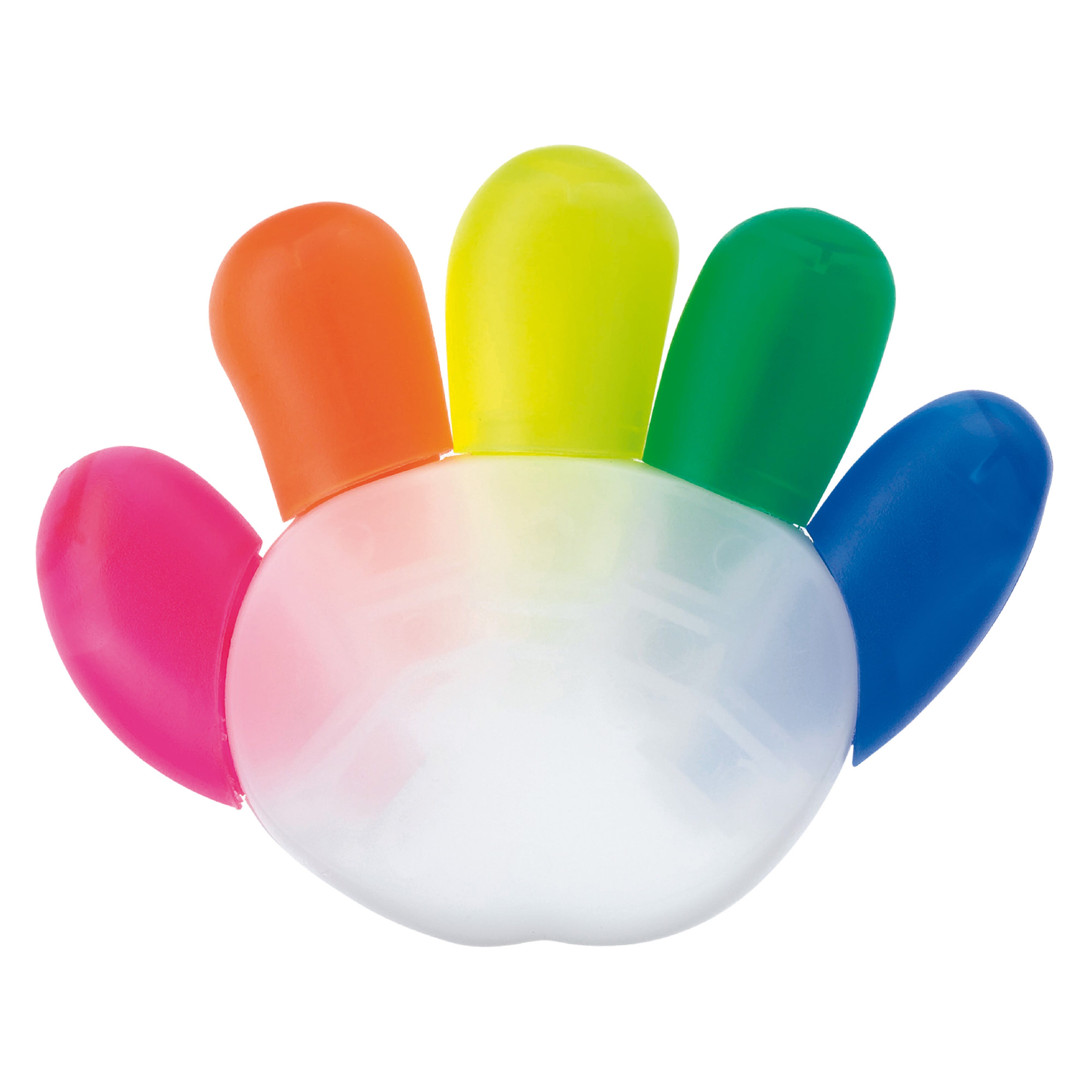 Textmarker Hand-Form, 5 Schreibfarben – Werbeartikel bedruckbar