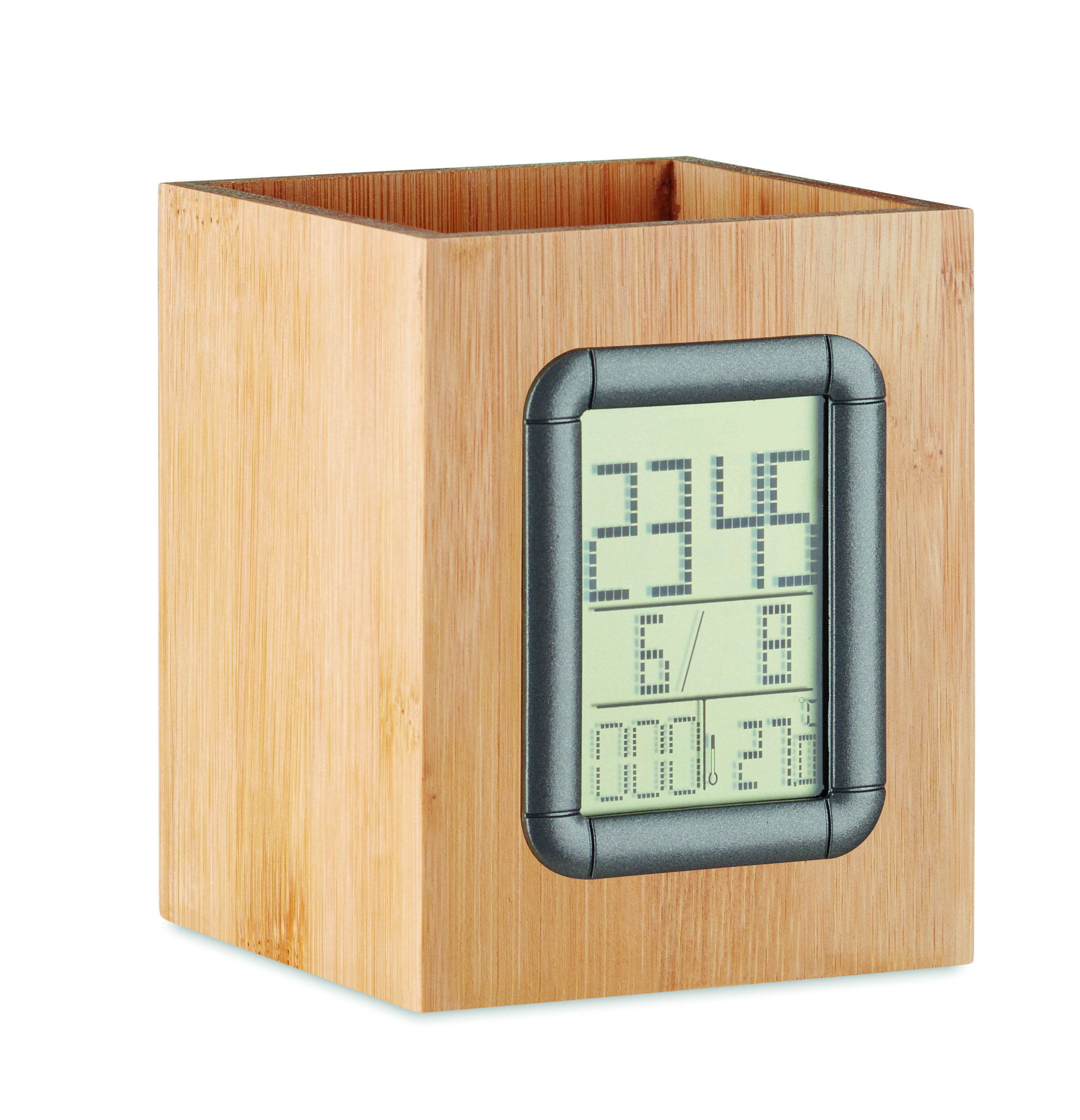 Stiftehalter Bambus MANILA mit Uhr & Alarm – bedruckbar als Werbeartikel