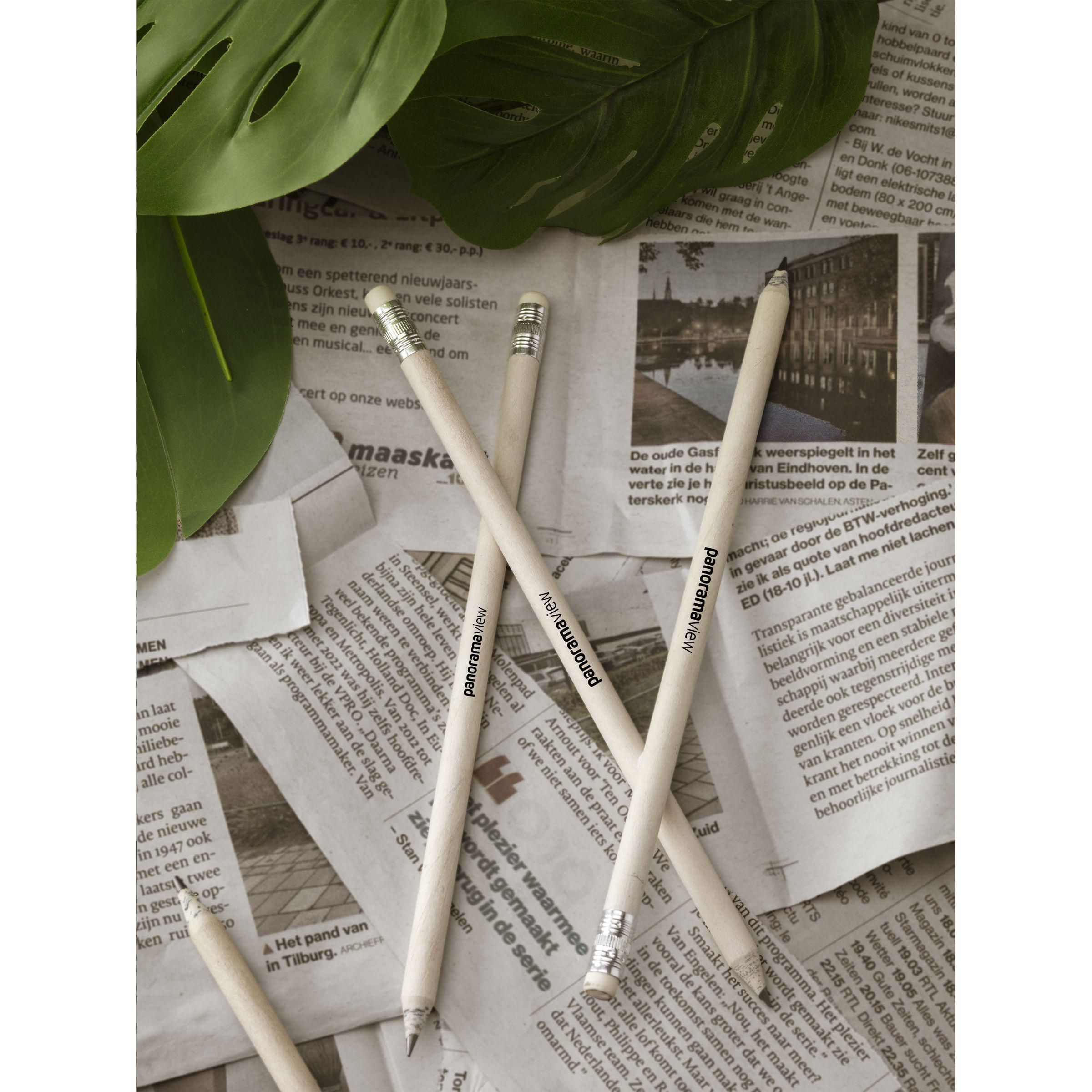 Bleistift aus recyceltem Zeitungspapier, angespitzt mit Radierer – Werbeartikel
