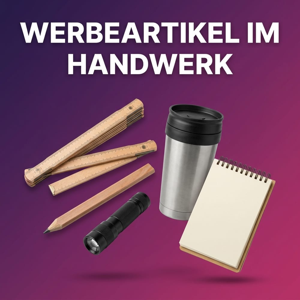 Werbeartikel im Handwerk – Gliedermaßstab, Zimmermannsbleistift, Taschenlampe, Edelstahlbecher und Notizblock schwebend vor violettem Farbverlauf