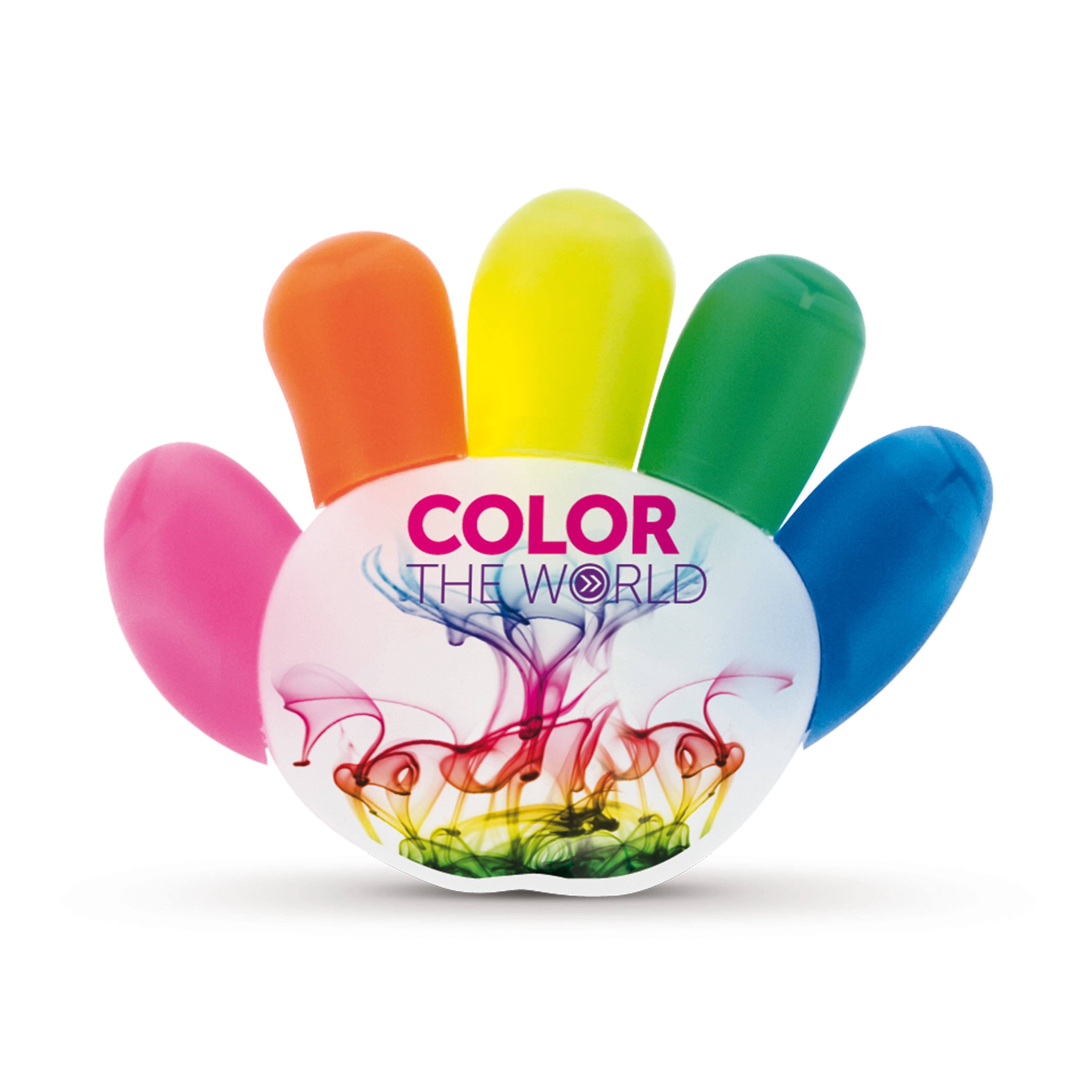 Textmarker Hand-Form, 5 Schreibfarben – Werbeartikel bedruckbar