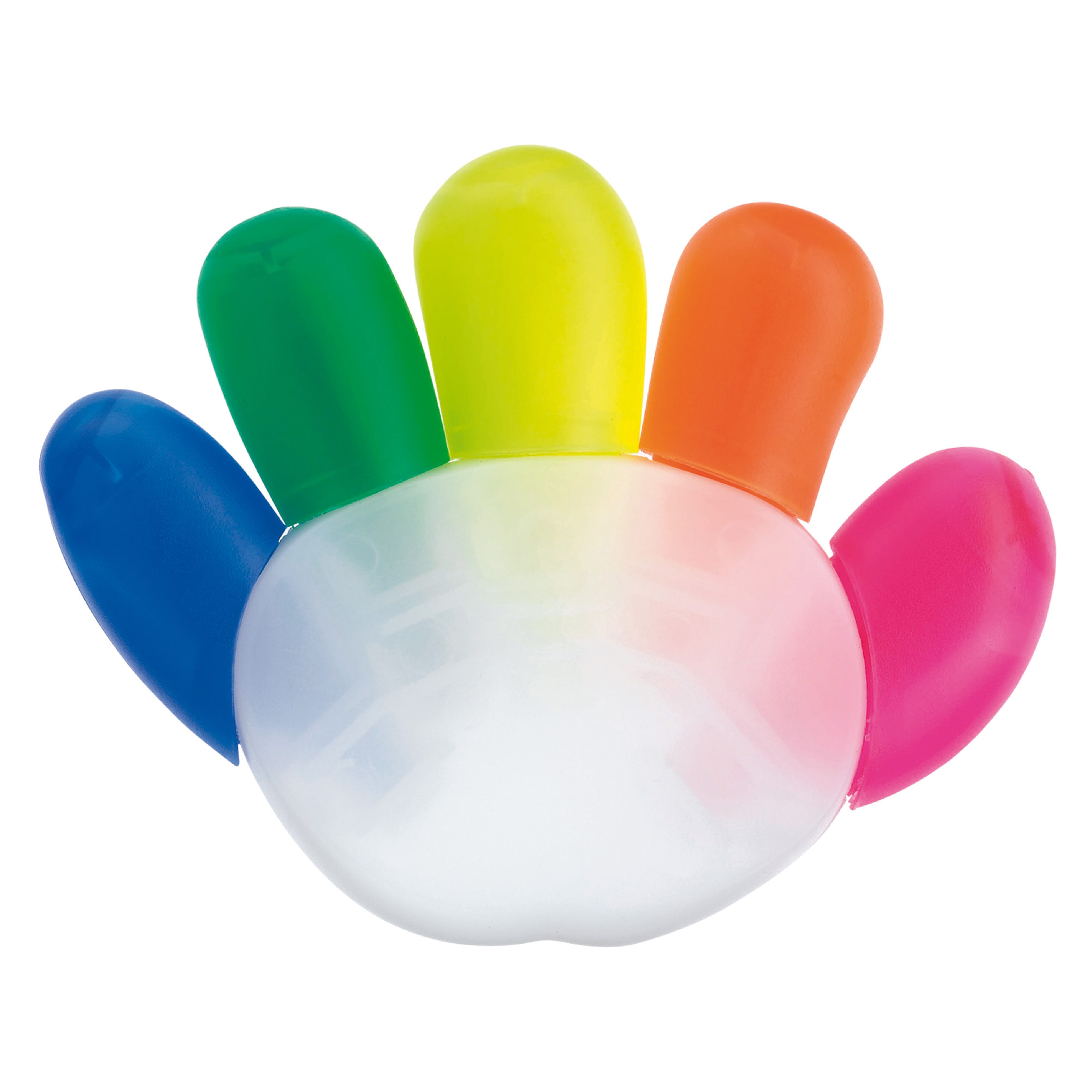 Textmarker Hand-Form, 5 Schreibfarben – Werbeartikel bedruckbar
