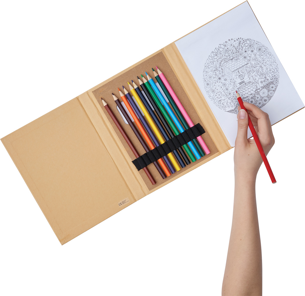 Malset COLOURFUL BOOK Werbeartikel – 12 Buntstifte, Malblätter, bedruckbar