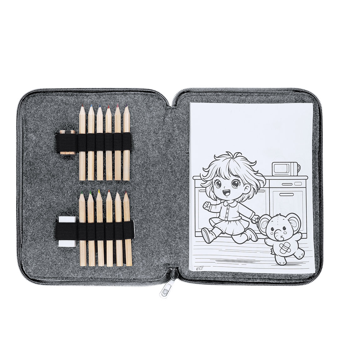 Buntstift-Set Shepher mit Etui, 11 Buntstifte & Ausmalblock – Werbeartikel