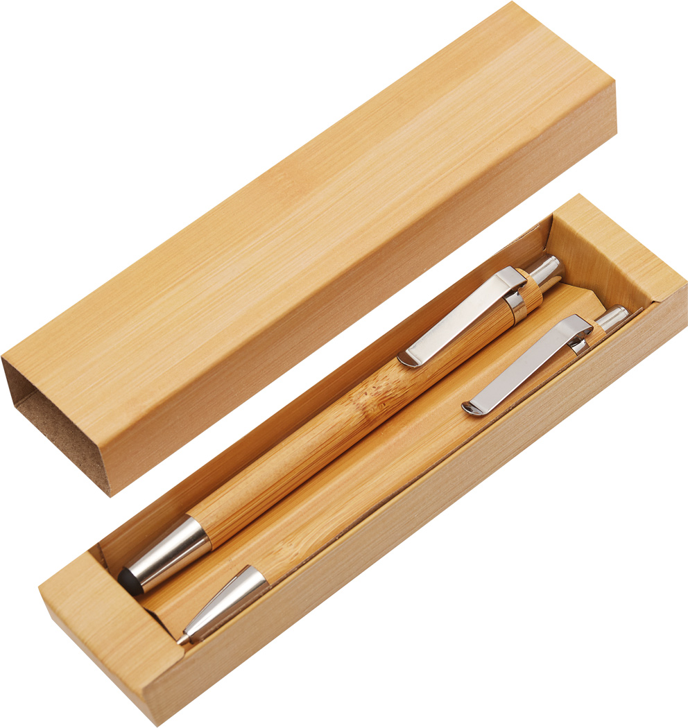 Schreibset DOUBLE BAMBOO – Kugelschreiber & Druckbleistift, Bambus, bedruckbar