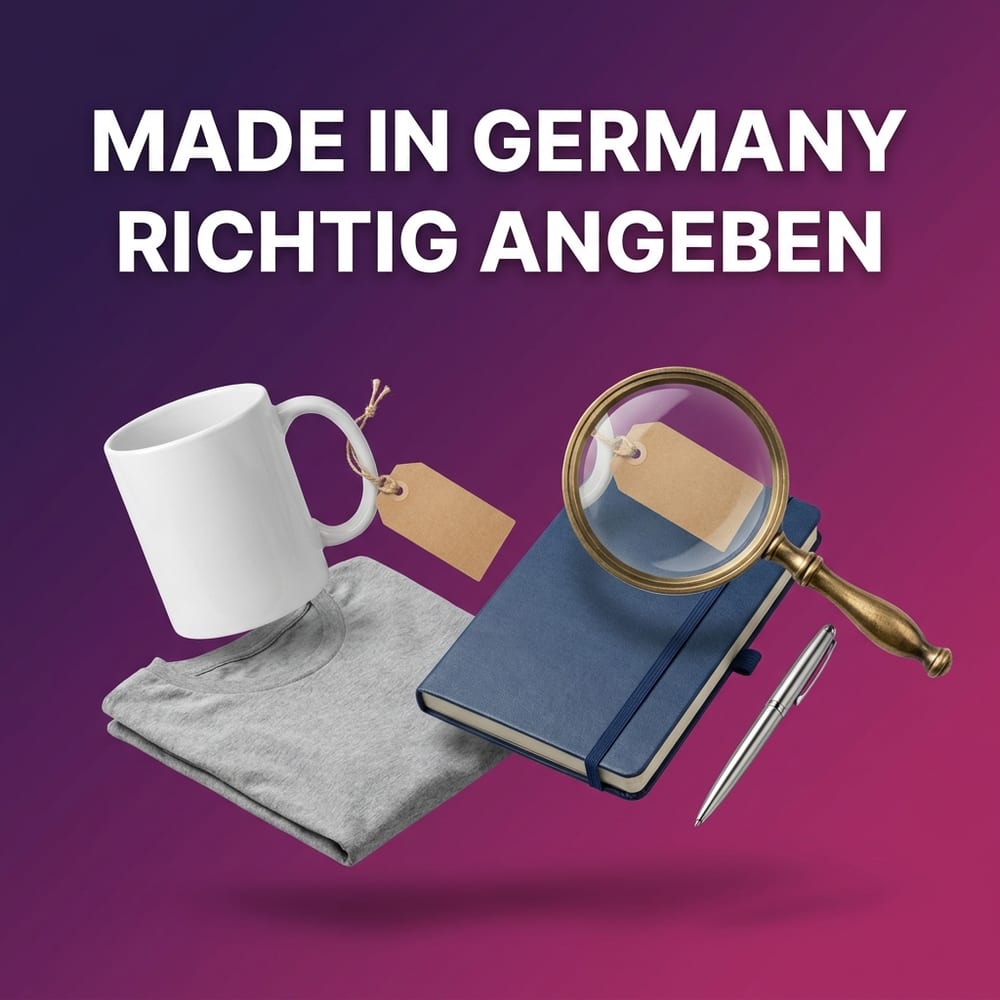 Made in Germany auf Werbeartikeln – Keramiktasse mit leerem Anhängeetikett, gefaltetes T-Shirt, Notizbuch, Kugelschreiber und Lupe
