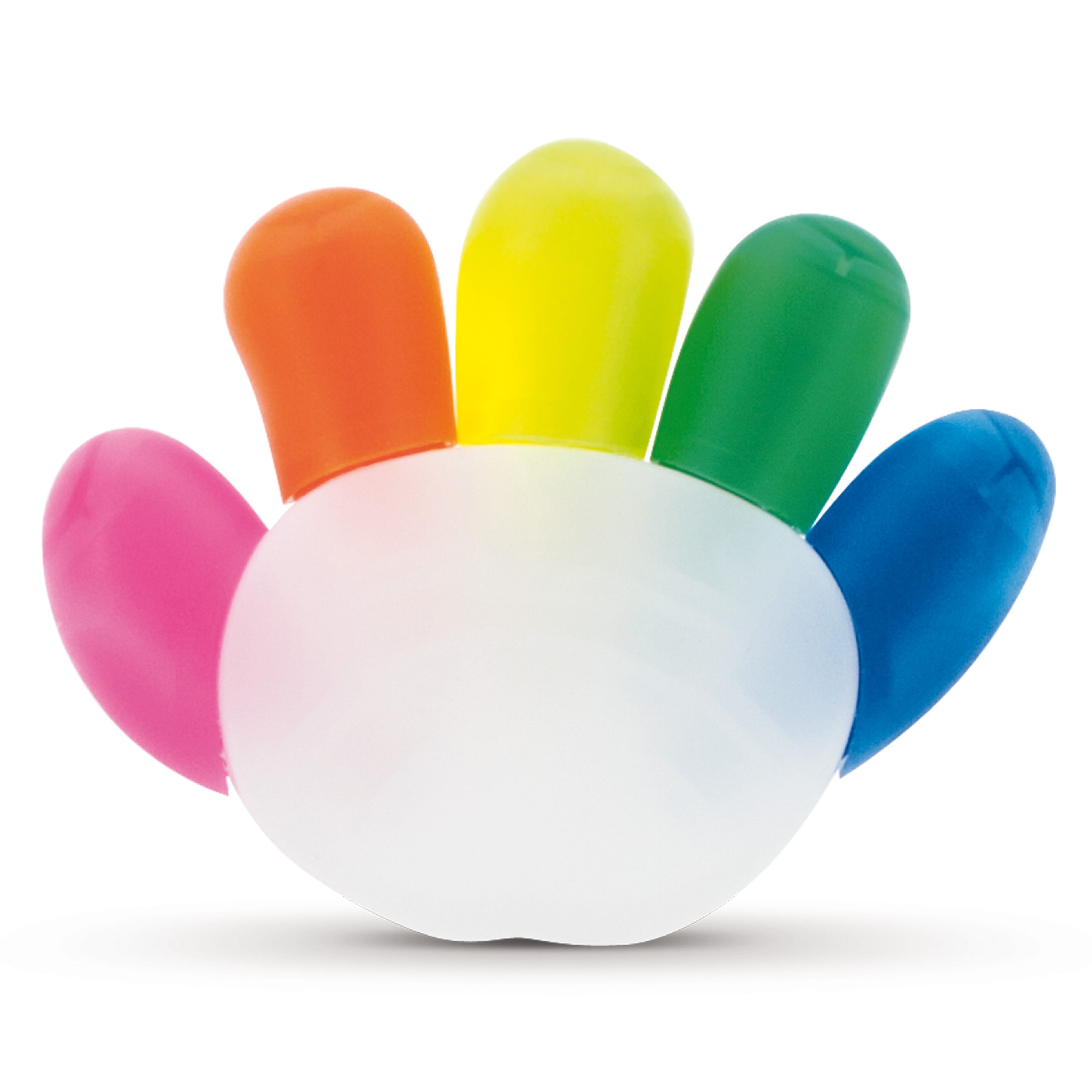 Textmarker Hand-Form, 5 Schreibfarben – Werbeartikel bedruckbar
