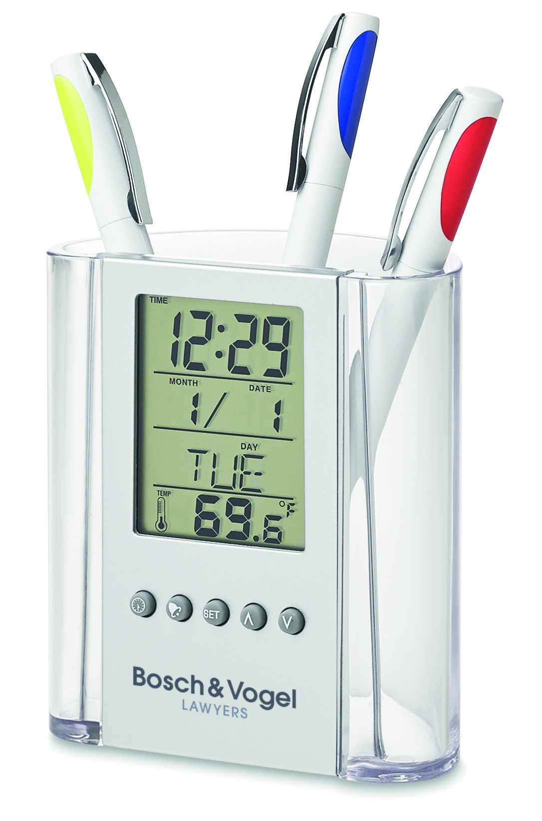 Stiftehalter PRODIGY mit Uhr & Alarm, PS – bedruckbar als Werbeartikel