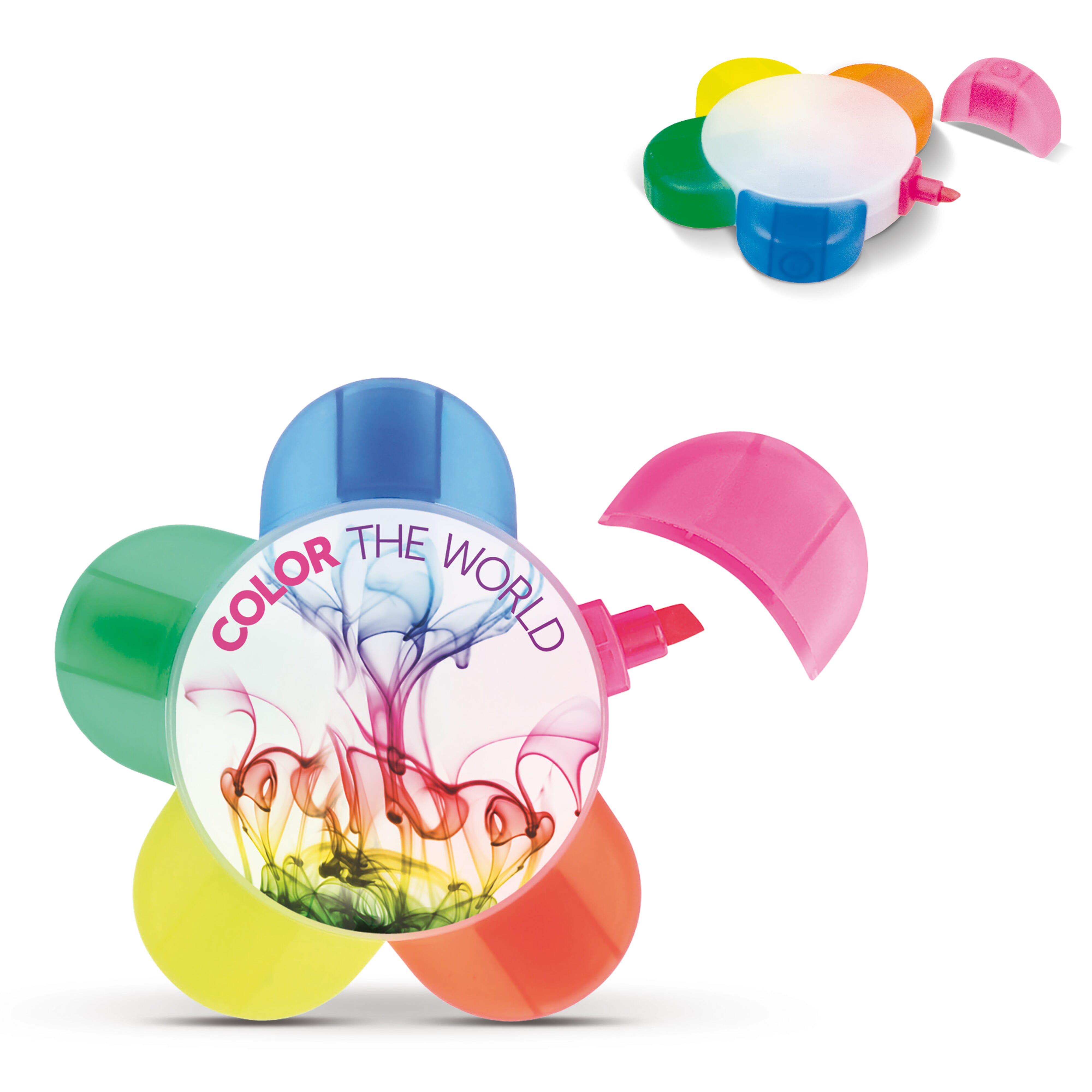 Textmarker Blume aus ABS mit 5 Farben – bedruckbarer Werbeartikel