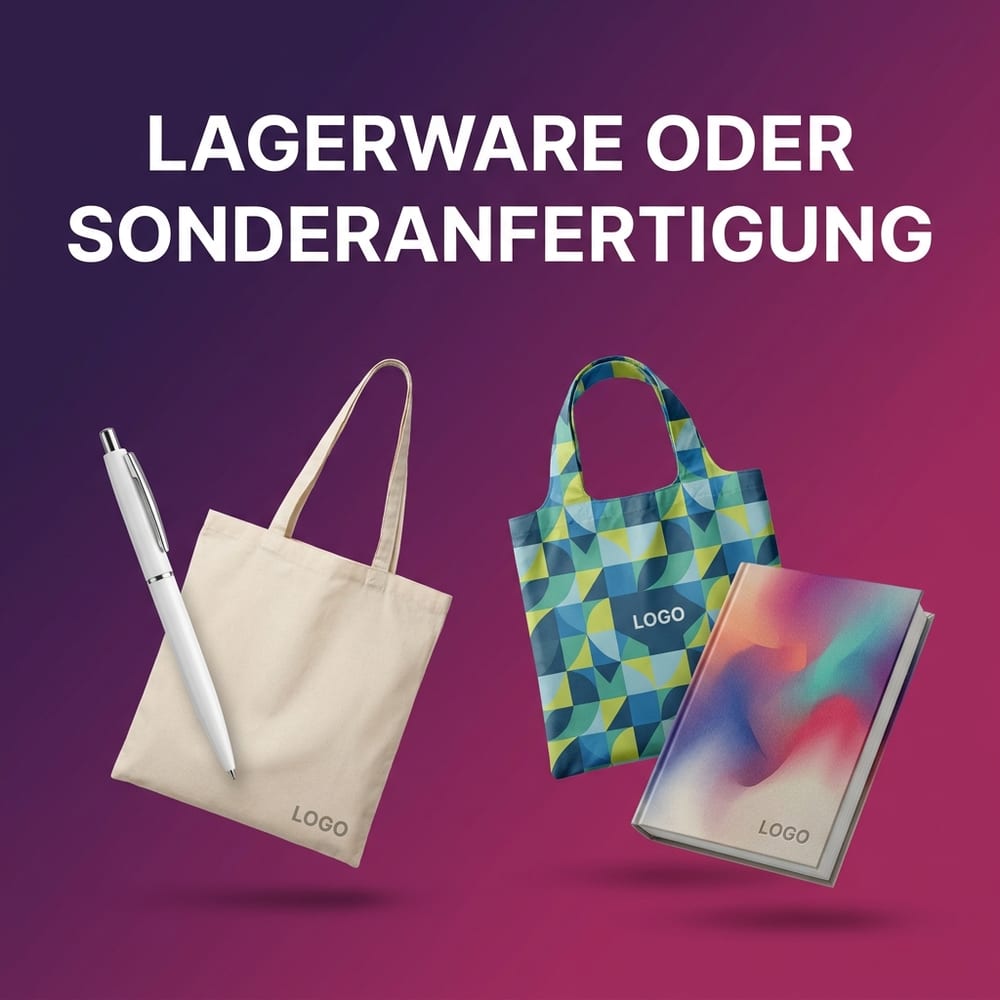 Lagerware oder Sonderanfertigung bei Werbeartikeln – bedruckter Kugelschreiber und Baumwolltasche ab Lager neben einer vollflächig individuell gestalteten Tasche und einem Notizbuch mit Logo-Druck, schwebend vor violettem Verlauf