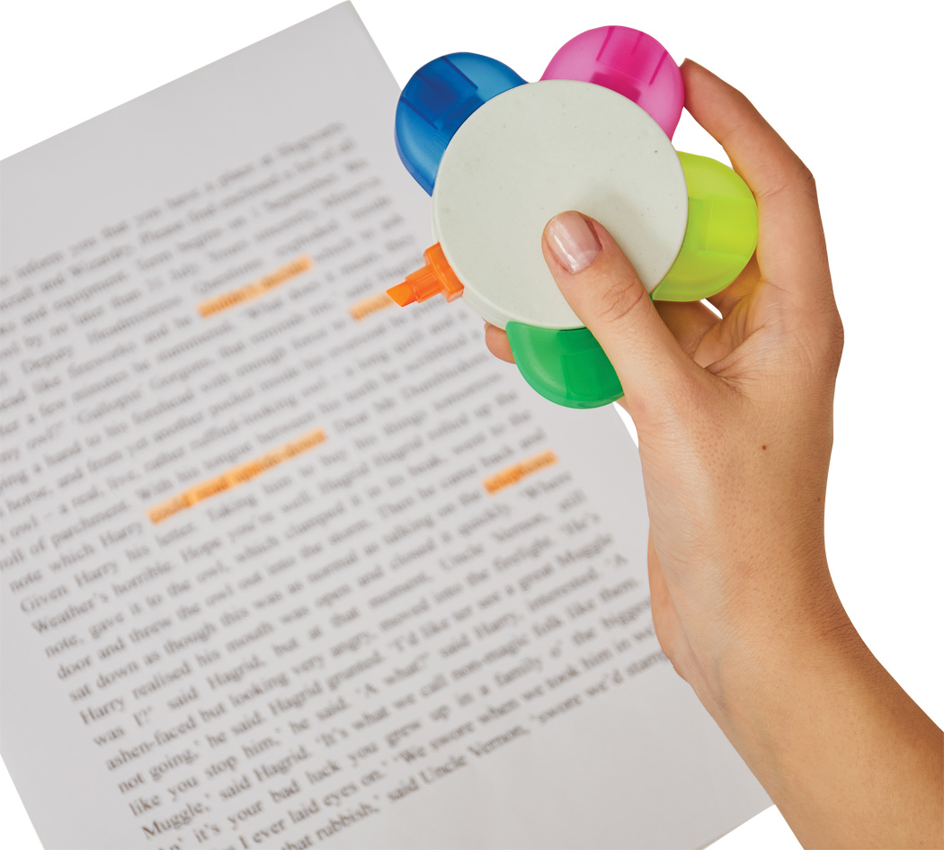 Textmarker FLOWER bedruckbar – blumenförmig mit 5 Farben, Werbeartikel