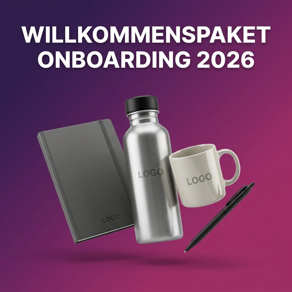 Willkommenspaket für neue Mitarbeitende – Notizbuch, Trinkflasche, Tasse und Kugelschreiber mit neutralem Logo-Druck zum Onboarding
