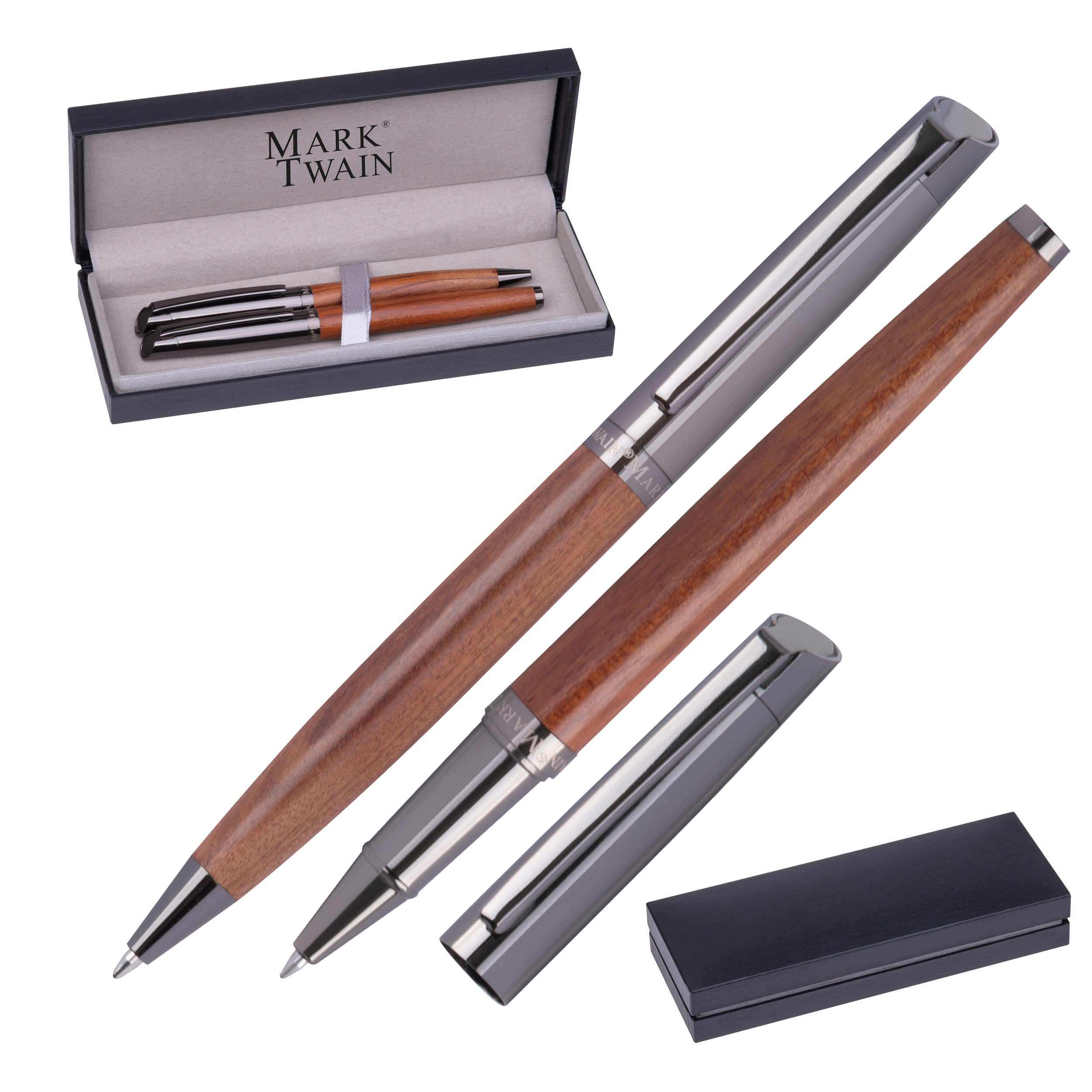 Mark Twain Schreibset KATRINA – Holz & Edelstahl, Kugelschreiber & Rollerball, gravierbar